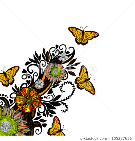 Abstraction graphic flowers and butterflies. vector illustration Abstraction graphic flowers and butterflies. vector illustration 105227636