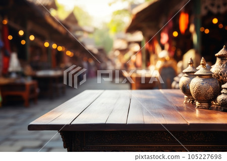 Empty wooden table with space for product display in vintage exotic oriental street. generative AI 105227698