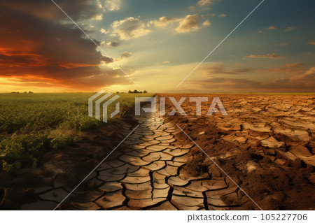 Half of the field is green, half is desert. Climate change and desertification. generative AI 105227706