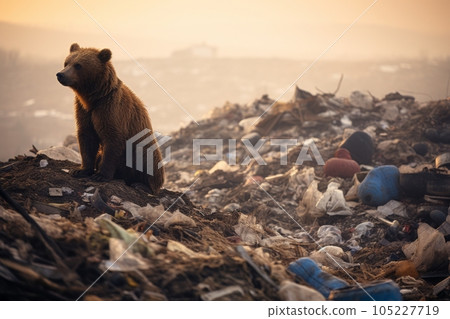Brown bear in a garbage dump. Nature pollution concept. generative AI 105227719