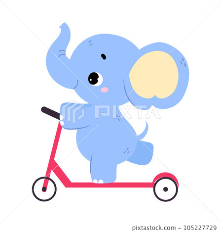 Cute Baby Elephant Character with Trunk Riding Scooter Vector Illustration 105227729