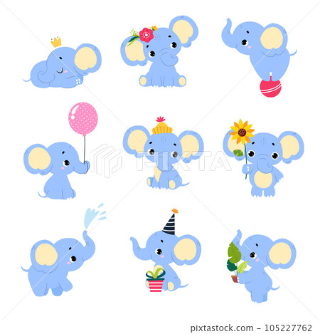 Cute Baby Elephant Character with Trunk Engaged in Different Activity Vector Set Cute Baby Elephant Character with Trunk Engaged in Different Activity Vector Set 105227762