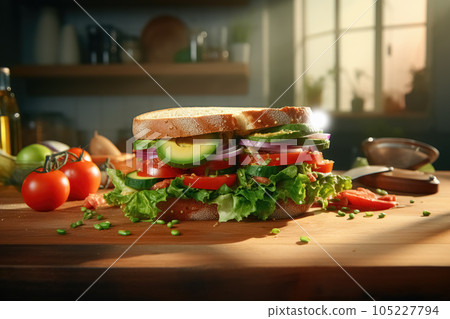 Vegetarian sandwich with slices tomatoes, avocado, lettuce, onions on the kitchen table illuminated by morning light from the window. Quick delicious healthy breakfast. Generative AI Vegetarian sandwich with slices tomatoes, avocado, lettuce, onions on the kitchen table illuminated by morning light from the window. Quick delicious healthy breakfast. Generative AI 105227794