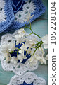 Blue, white crochet elements and orchid. Crochet texture, place for an inscription, adapted for mobile phone 105228104