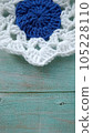 Blue, white crochet elements and orchid. Crochet texture, place for an inscription, adapted for mobile phone 105228110