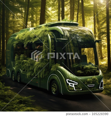 Bus. Ecological concept. Bus made of green vegetation in the forest 105228390