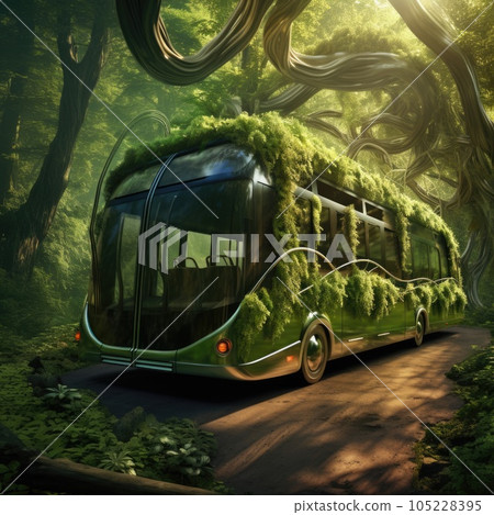 Bus. Ecological concept. Bus made of green vegetation in the forest Bus. Ecological concept. Bus made of green vegetation in the forest 105228395