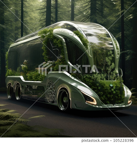 Truck. Ecological concept. Truck made of green vegetation in the forest Truck. Ecological concept. Truck made of green vegetation in the forest 105228396