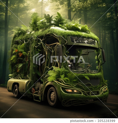 Truck. Ecological concept. Truck made of green vegetation in the forest Truck. Ecological concept. Truck made of green vegetation in the forest 105228399