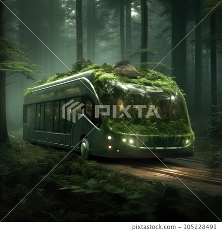 Bus. Ecological concept. Bus made of green vegetation in the forest 105228491