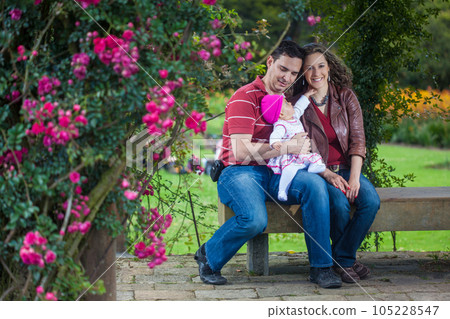 Young parents having fun outdoors with their six months old baby girl. Happiness concept. Family concept 105228547