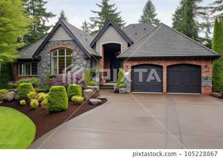 Luxury home exterior with brick and siding, double garage and large windows on facade. USA. Generative AI 105228867