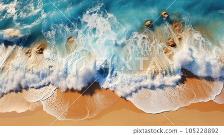 Top view of ocean waves on sandy beach landscape. Beautiful seascape background. Generative AI 105228892