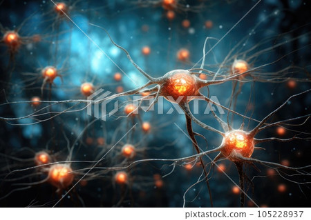 Close up view of neuron cells transmitting a signal. Generative AI Close up view of neuron cells transmitting a signal. Generative AI 105228937