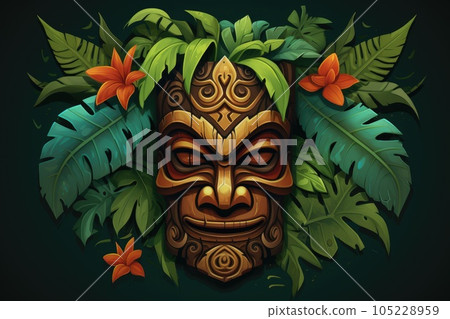 Illustration of a tropical Tiki mask. Symbol of a wild tribe in the jungle. 105228959