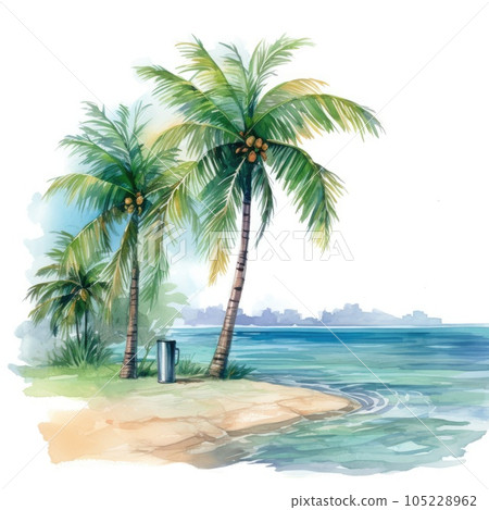Watercolor painting of palm trees, palm tree on the beach with sea. 105228962