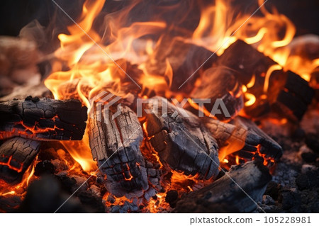 Background of charcoal for barbecue with flames. Generative AI Background of charcoal for barbecue with flames. Generative AI 105228981
