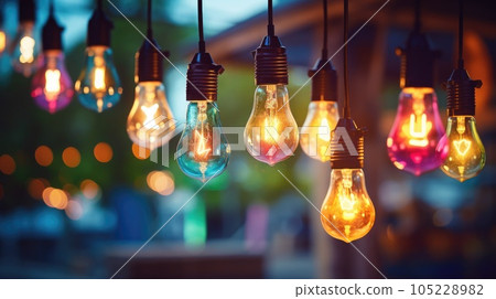 Decorative antique light bulbs in a row with bokeh and colorful style. Generative AI 105228982