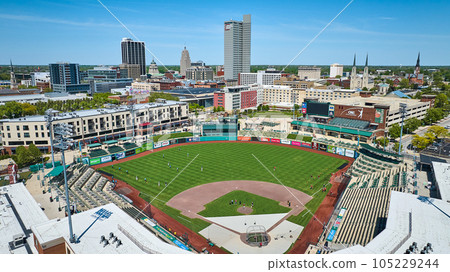 Aerial baseball game at Parkview Field Tin Caps Stadium downtown Fort Wayne city skyline 105229244