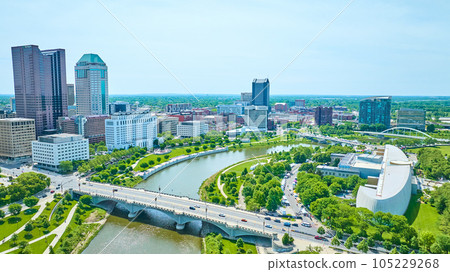 Aerial wide view of Columbus Ohio from both sides of Scioto River Aerial wide view of Columbus Ohio from both sides of Scioto River 105229268