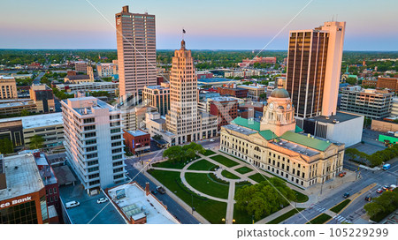 Summer sunrise downtown Fort Wayne aerial courthouse, PNC, Indiana Michigan Power skyscraper 105229299