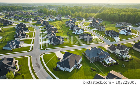 Rich expensive neighborhood aerial with mini mansions, high-end, million-dollar homes 105229305