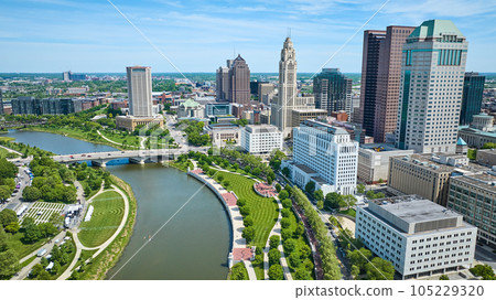 Aerial Scioto River between green promenade and greenway in downtown Columbus Ohio Aerial Scioto River between green promenade and greenway in downtown Columbus Ohio 105229320