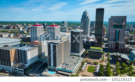 Downtown hotel skyscrapers and office buildings green roof top aerial Louisville KY Downtown hotel skyscrapers and office buildings green roof top aerial Louisville KY 105229323