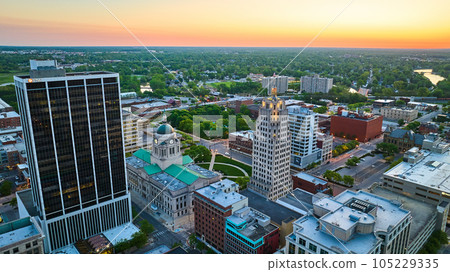 Downtown Fort Wayne Court House, PNC building with train and rivers cityscape at sunrise Downtown Fort Wayne Court House, PNC building with train and rivers cityscape at sunrise 105229335