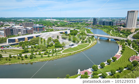 Greenway and promenade in downtown Columbus Ohio in Center of Science and Industry aerial 105229353