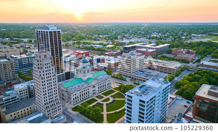 Aerial sunrise over downtown Fort Wayne main skyscrapers and Allen County Courthouse Aerial sunrise over downtown Fort Wayne main skyscrapers and Allen County Courthouse 105229360