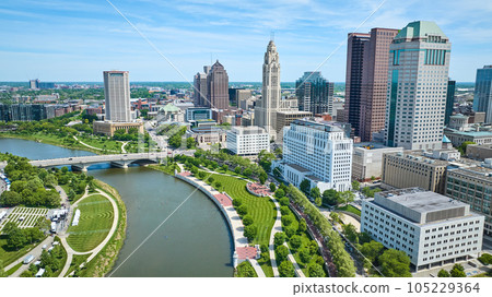 Vern Riffe State Office Tower and Huntington Center aerial of buildings and river Columbus Ohio 105229364