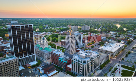 PNC downtown Fort Wayne Indiana courthouse cityscape city town river and train aerial asset 105229384
