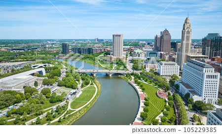 Aerial downtown Columbus Ohio to right of Scioto River with Center of Science and Industry left 105229385