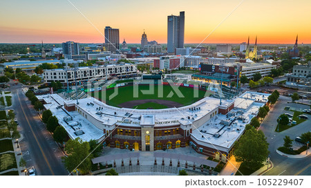 Aerial sunrise dawn downtown baseball Parkview Field Tin Caps Stadium Fort Wayne Indiana skyscape Aerial sunrise dawn downtown baseball Parkview Field Tin Caps Stadium Fort Wayne Indiana skyscape 105229407