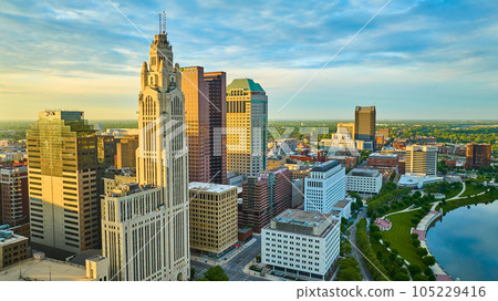 Columbus Ohio heart of downtown aerial at sunrise with iconic skyscrapers and Scioto River 105229416