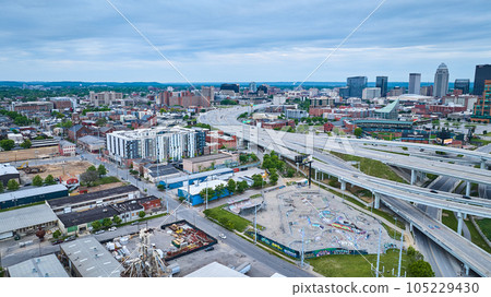 Aerial skateboard park graffiti with criss crossing suspended highway roads downtown Louisville Aerial skateboard park graffiti with criss crossing suspended highway roads downtown Louisville 105229430