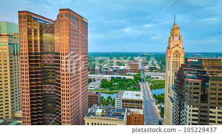 Huntington Center and other skyscrapers at down in aerial over city Huntington Center and other skyscrapers at down in aerial over city 105229437