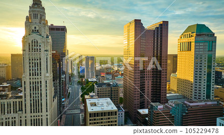 Aerial LeVeque Tower and Vern Riffe State Office Tower at sunrise with golden lighting Aerial LeVeque Tower and Vern Riffe State Office Tower at sunrise with golden lighting 105229478