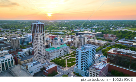 Aerial orange sunrise over downtown Fort Wayne main skyscrapers and Allen County Courthouse Aerial orange sunrise over downtown Fort Wayne main skyscrapers and Allen County Courthouse 105229508