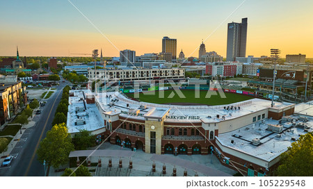 Parkview Field Tin Caps baseball diamond summer sunrise downtown Forty Wayne skyscraper skyline 105229548