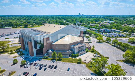 Aerial Allen Country War Memorial Coliseum exterior on bright summer day with downtown Fort Wayne 105229606