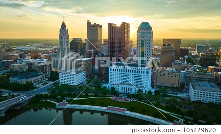Aerial Huntington Tower and Vern Riffe State Office Tower with other iconic buildings at sunrise 105229620