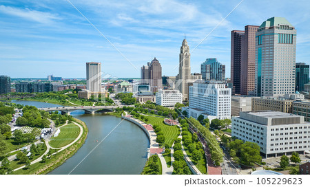 Aerial Scioto River with promenade and greenway visible beside downtown Columbus Ohio Aerial Scioto River with promenade and greenway visible beside downtown Columbus Ohio 105229623