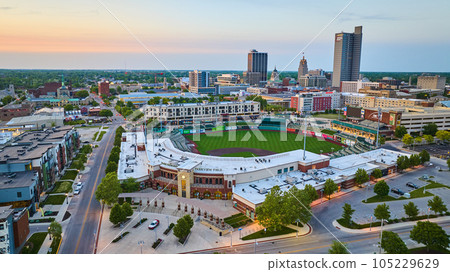 TinCaps stadium at Parkview Field aerial sunrise over downtown Fort Wayne 105229629