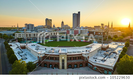 Aerial sunrise Parkview Field baseball diamond cityscape skyscraper skyline downtown Fort Wayne Aerial sunrise Parkview Field baseball diamond cityscape skyscraper skyline downtown Fort Wayne 105229630