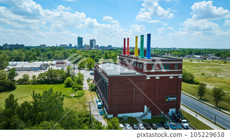 Science Central repurposed electricity power plant with rainbow smokestacks aerial Fort Wayne 105229658