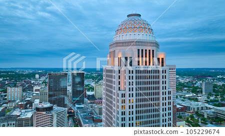Deep blue morning sunrise over downtown building Louisville golden lights 105229674