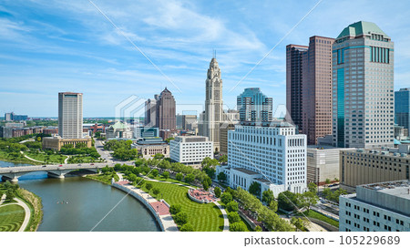 Columbus Ohio downtown aerial with major skyscraper buildings Scioto River and bridge Columbus Ohio downtown aerial with major skyscraper buildings Scioto River and bridge 105229689