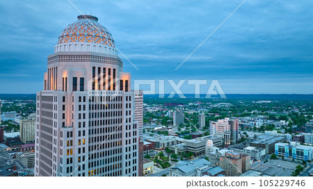 Downtown Louisville Kentucky skyscraper aerial dawn lights on dome building 105229746
